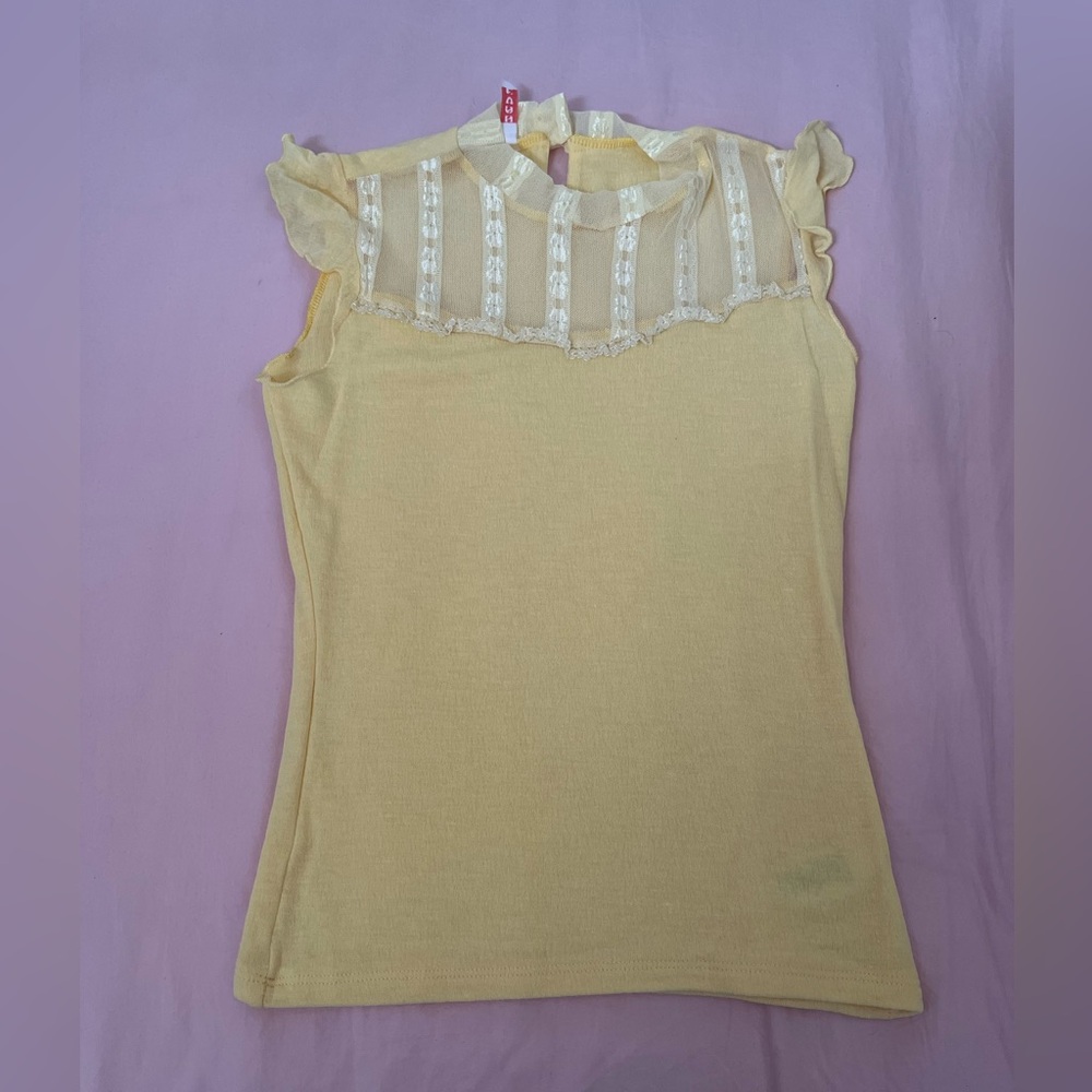 Vintage Soft Butter Yellow Blouse with Lace Trim